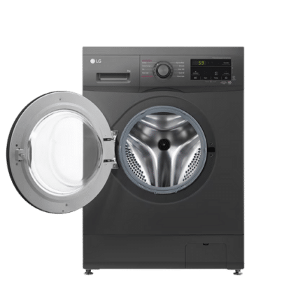 key features such as the machine’s size (8KG), technology (Smart Inverter, TurboWash™), and color (Dark Silver).